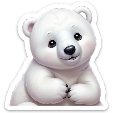 Cinematic Cute Polar Bear Portrait Emoji, Head tilted playfully and inquisitively, with a glossy, plush coat accented by a gentle, blushing muzzle and round, sparkling eyes, Simplified yet irresistibly adorable features, highly detailed, glowing with a warm, friendly polar glow, high shine, affectionate and lively, stylized with a touch of endearing charm, soft glowing outline, capturing the essence of a mischievous yet loving polar cub that feels like it could tumble out of the screen into your arms! sticker