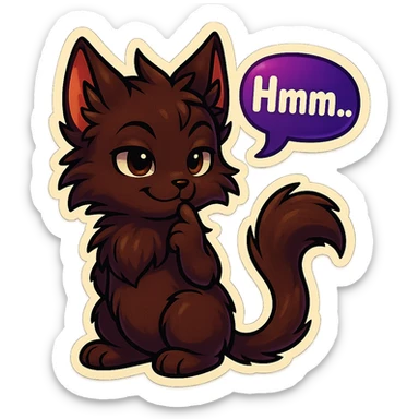 a dark-brown fluffy cute kawaii anthropomorphic furry anime cat-furry with tufted ears and a long thin tufted tail, thinking, smirking thoughtfully, saying “Hmm..” with a purple speech bubble, (cartoon style) (cute anime style) (furry style) (deviantArt style) (artist style: Kamirah) sticker