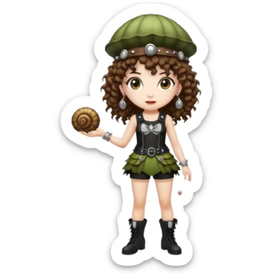 full body woman short curly brown mullet hair brown eyes white skin wearing punk fairy outfit and snail shell hat sticker