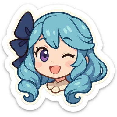 Gwen from League of Legends, happy expression, head only, right eye is purple, chibi style sticker