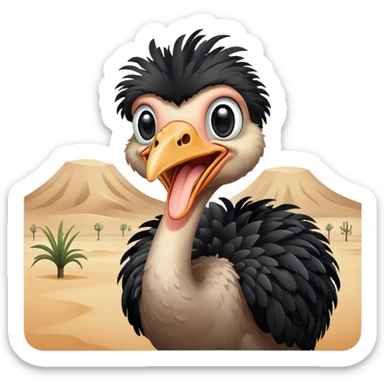 An adult ostrich standing in the desert, with black feathers. Mouth open. sticker