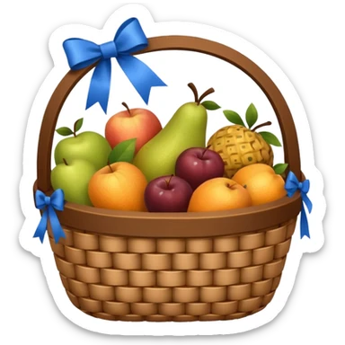 A basket with a blue ribbon on the handle sticker