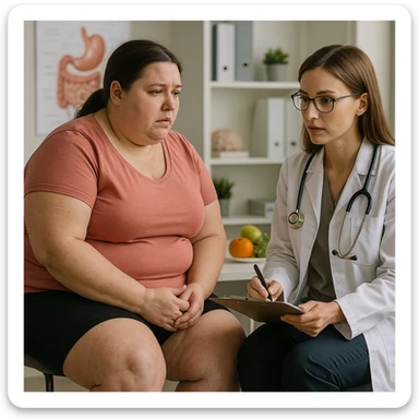 overweight woman consulting a nutritionist, stubborn fat on legs and thighs, hyper realistic 4K style, clinical scene details sticker