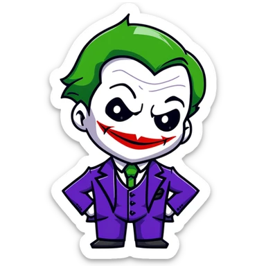 The Joker villain full body with green hair, purple suit, white face, red lips, sinister smile sticker
