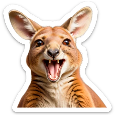 Cinematic Cute Yawning Kangaroo Portrait Emoji, Head tilted slightly with a dramatic, wide-open yawn, showcasing a soft, downy red-orange fur with gently drooping ears and round amber eyes barely open in drowsy contentment, Simplified yet irresistibly adorable features, highly detailed, glowing with a soft, cozy glow, high shine, relaxed yet expressive, stylized with a touch of outback charm, bright and endearing, soft glowing outline, capturing the essence of a sleepy yet affectionate kangaroo, so drowsy it feels like it could stretch out of the screen and curl up for a nap! sticker