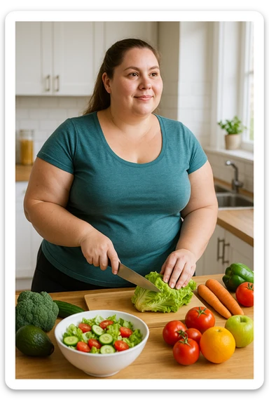 Donna con Lipedema che fa la dieta per migliorare anche a causa della sua PCOS, immagine realistica sticker