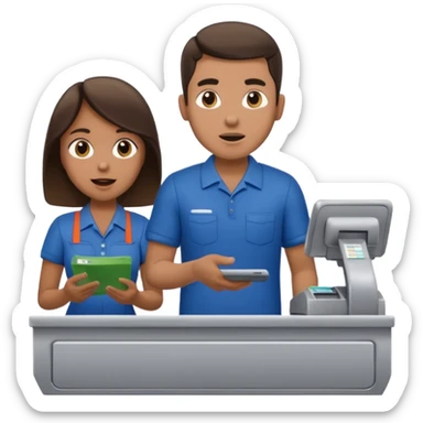 Supermarket employee at a cash register, full body, serving a man surprised sticker