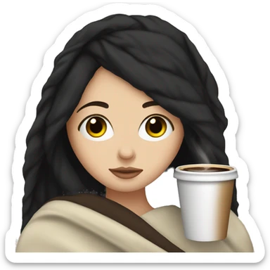 a white girl black hair wrapped on a blanket drinking coffee sticker