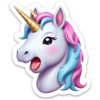 Cinematic Cute Yawning Unicorn Pony Portrait Emoji, Head tilted slightly with a dramatic, wide-open yawn, showcasing a petite, softly glowing form with a gently drooping mane, a subtle, shimmering horn and sleepy, half-closed eyes, Simplified yet irresistibly adorable features, highly detailed, glowing with a soft, cozy pastel glow, high shine, relaxed yet expressive, stylized with a dash of whimsical enchantment, soft glowing outline, capturing the essence of a drowsy yet affectionate unicorn pony that appears ready to stretch and yawn its way off the screen! sticker