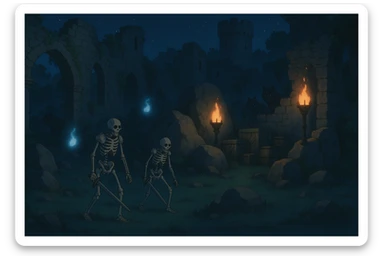 midnight within the ruins of abandoned castle yard, protrude boulders, amid iron torches and crates tucked behind, skeleton warriors, wisps, and wolves linger just in the edge of view behind scenery sticker