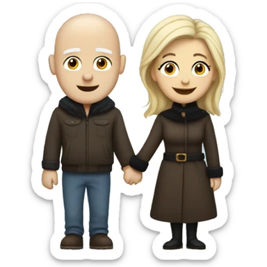White bald man with black eyebrows holding hands with long blond woman in winter clothes sticker
