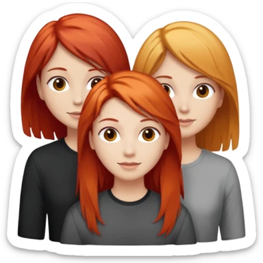 Can you create an image of 3 friends together one with red bright hair light skin one the other with brown hair with some blonde highlights in the hair fair skin the last one with light brown a tint of orange hair and black long hair with brown  sticker