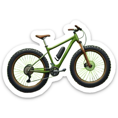 An icon showing a mountain bike with thick tires on a forest trail, surrounded by trees and natural terrain. The background features a lush green forest with sunlight filtering through the branches, and a winding path ahead. Transparent background highlights the  adventure of mountain biking. sticker