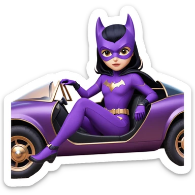  proportionally correct, real-appearance racing BatGirl’s feminine midnight-purple tight outfit sixty’s tv show 2032 stealth retro cat burglar sporty petite off-road pursuit hovering black hover cruiser car rose gold accents (black hair,reclined and relaxed seating position and attitude) Dakar sticker