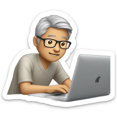 Aged 48 asian Guy, semi-rimless glasses, coding on the macbook sticker