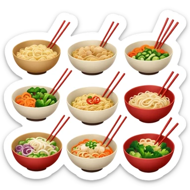 different bowls of Chinese noodles, chopsticks, vegetables sticker