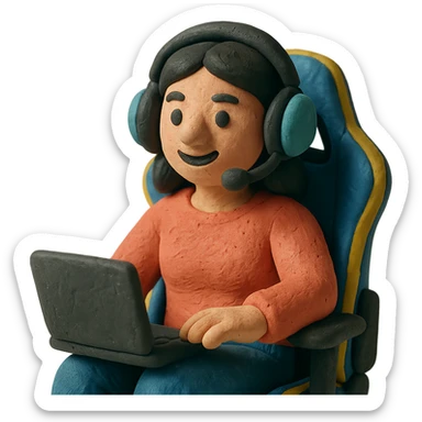 female streamer with headphones and a gaming chair, claymation style sticker