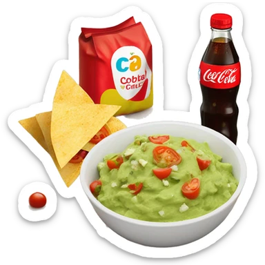 Bowl with guacamole with tomatoes and feta cheese and pepper flakes , a bag of tortilla chips  and a coca cola 1,5 bottle  sticker