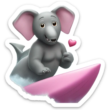Show me a bear holding a pink heart riding an elephant surfing on top of a shark in the ocean sticker