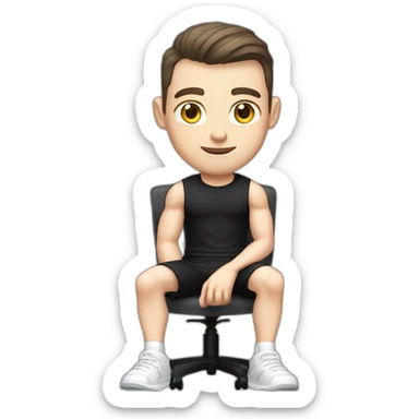 Pale skinned Fit Man With the biceps and dark brown hair in black shirt, gray sports shorts and white Sneakers Sitting on a chair sticker