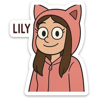 cartoon face of Lily, pink cat onesie hood, big brown eyes, long brown hair, same expression, same line style sticker