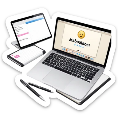 top view of a MacBook and a notebook with a pen nearby, notebook with visible notes, MacBook screen showing a beauty salon logo sticker