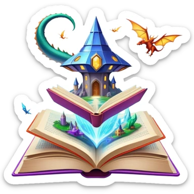 Icon for Fantasy and Sci-Fi Reading: an open book with magical creatures like dragons and fairies flying out, with a futuristic spaceship in the sky and a wizard casting spells. The icon should represent the magic and adventure of fantasy and science fiction worlds. Transparent background. sticker
