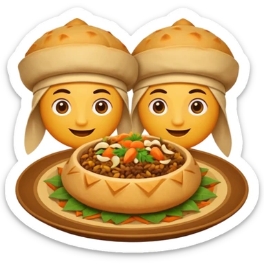 Uzbek cuisine avatar in bright emoji-style illustration. Classic dishes like plov and samsa, warm golden and earthy tones, simple shapes, flat design, high contrast, friendly and appetizing. sticker