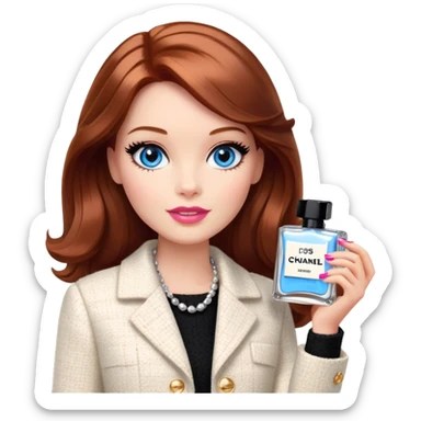 A Barbie girl with blue eyes, shoulder-length reddish-brown hair with makeup, wearing a white tweed jacket and a black skirt is holding Chanel cream in her hand sticker