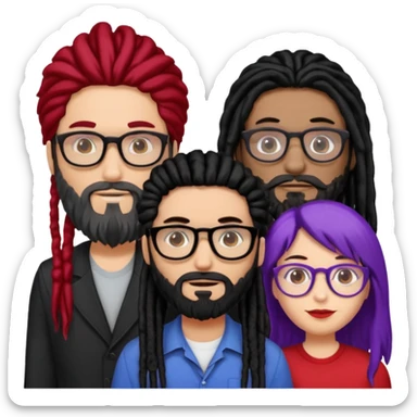 Three people standing together: on the left, a man with long hair, glasses, and a beard; on the right, a man with black dreadlocks with a red accent; in the center, a woman wearing glasses with violet-and-black hair sticker