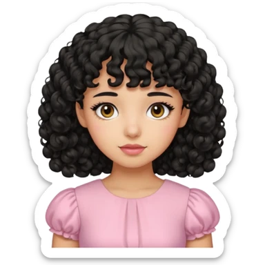 uma menina de pele oliva e cabelos pretos encaracolados e com franja encaracolada e um vestido rosa pastel sticker