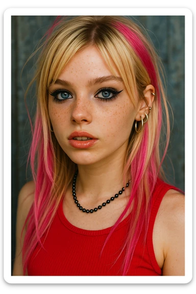 A young blonde girl with a punk and Y2K style, blue eyes, long blonde hair with pink highlights, subtle black eyeshadow and eyeliner (not emo), freckles, fake eyelashes, wearing a red top and a black necklace. sticker
