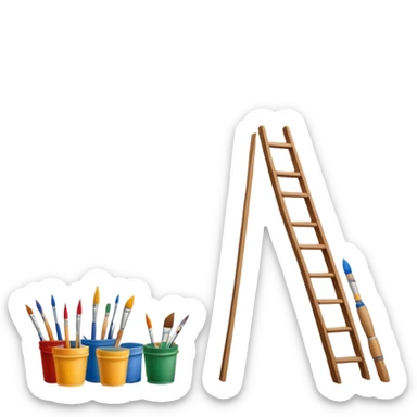 Wall painting icon, hand-painted mural on a wall, visible paintbrushes, paint pots, and ladder, intricate patterns or designs in progress, minimalistic style, clean lines, transparent background. sticker