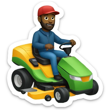 black man with a beard and a winter hat sitting on a lawn mower with a straight face sticker