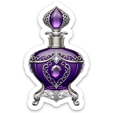 A luxurious French vintage-style perfume bottle in deep purple, with an ornate crystal stopper and intricate silver filigree detailing. The bottle has an elegantly curved shape, reminiscent of classic 18th-century perfume designs. It sits atop a delicate lace-covered vanity table, surrounded by pearls and antique silver accessories. Soft candlelight casts a warm, romantic glow, highlighting the rich texture of the glass and metallic accents sticker