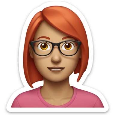 white woman with red hair and red bangs, with clear glasses and a pink sweatshirt sticker