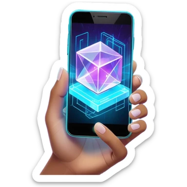 Futuristic translucent hand holding a floating crystalline cube emitting holographic smartphone projections, prism glows with neon cyan (#00FFFF) and electric purple (#8A2BE2) light beams, dark obsidian (#020D19) background with abstract circuit patterns, cyber-luxury aesthetic sticker