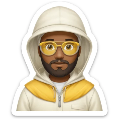 black male bee keeper with beard, white hat and yellow glasses, white outfit, white hood sticker