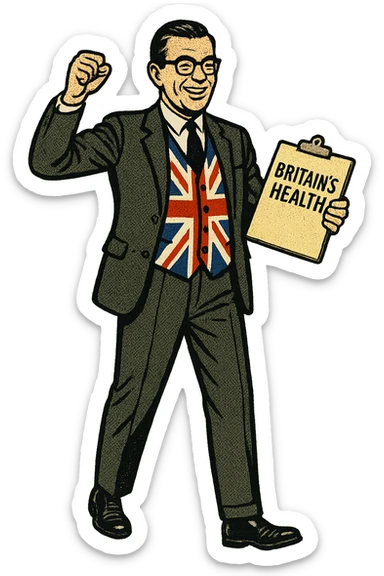 A full body image of a British politician from the 1960s wearing a union jack waistcoat and holding a clipboard with the words 'Britain's Health' written on it. sticker