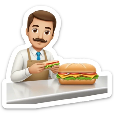 Man working at a subway making a sandwich in front of customer behind a counter  sticker