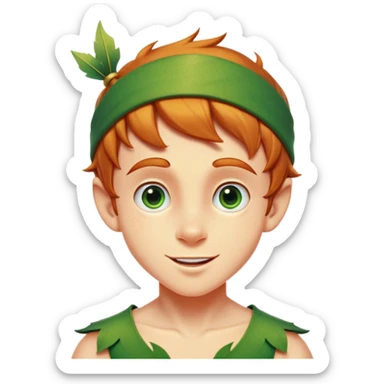 Cinematic Realistic Peter Pan Portrait, head tilted dramatically with an exaggeratedly amused expression, featuring sparkling eyes filled with playful mischief. His iconic outfit is rendered in vivid detail with dynamic shadows, capturing the delightful interplay of bravery and whimsy that defines his timeless character. sticker