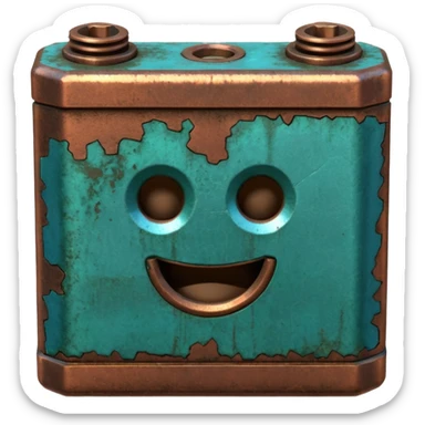 3D render of Battery Terminal, heavily oxidized copper texture, verdigris patina, Metal contact with blue/green powder corrosion, weathered bronze aesthetic, ancient decay, emoji style, isolated on white background --v 6.0. sticker