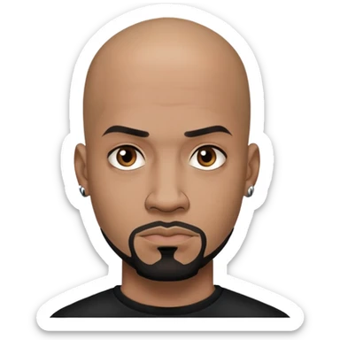 đàn ông 30 tuổi, da đen, đầu trọc, râu quai nón đen, có hình xăm trên mặt, áo đen, mặt nghiêm túc sticker