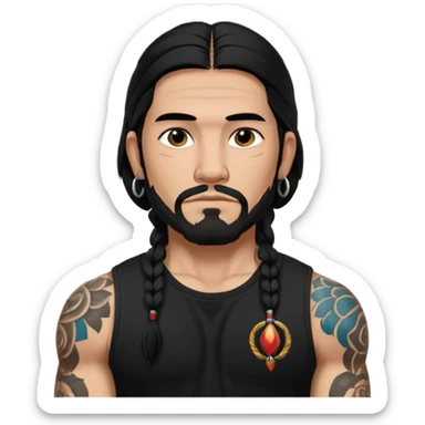 Native American/Spanish male.facial Hair on chin.
Untucked loose fitting black t-shirt. 
long black hair.
muscular.
Even More tattoos. 
Peaceful sticker