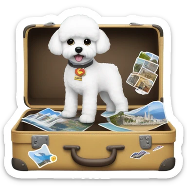 ABichon Frise standing next to a suitcase filled with iconic places stickers on the suitcase  sticker
