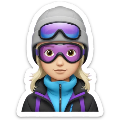 Pro Snowboarder with white and grey beanie, purple and blue frameless goggles on and a black jacket sticker