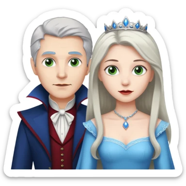 A vampire man with gray hair and blue eyes and a princess with light brown hair and green eyes sticker