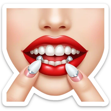 Glossy, bright red lips slightly parted. Inside, sparkling braces adorned with diamonds. A playful tongue touching the teeth. A long, elegant fingernail with a soft white shade. No face sticker