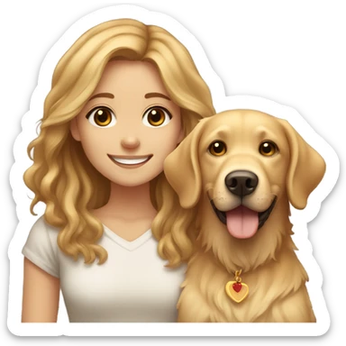 Smiling girl with long brown hair and a small shaggy golden Labrador dog with brown eyes sticker