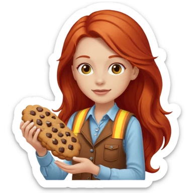 white girl scout with red long hair selling cookies with a brown vest sticker